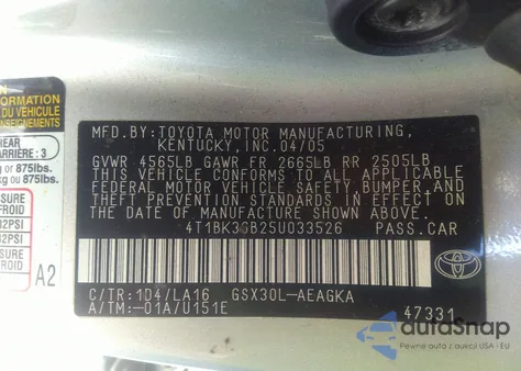 2005 Toyota Avalon Xls z USA, uszkodzony, nr VIN 4T1BK36B25U033526